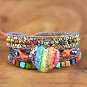 7 Chakra Bohemian 3 Strand Heart Charm Handmade Healing Women Wrap Bracelet Gift